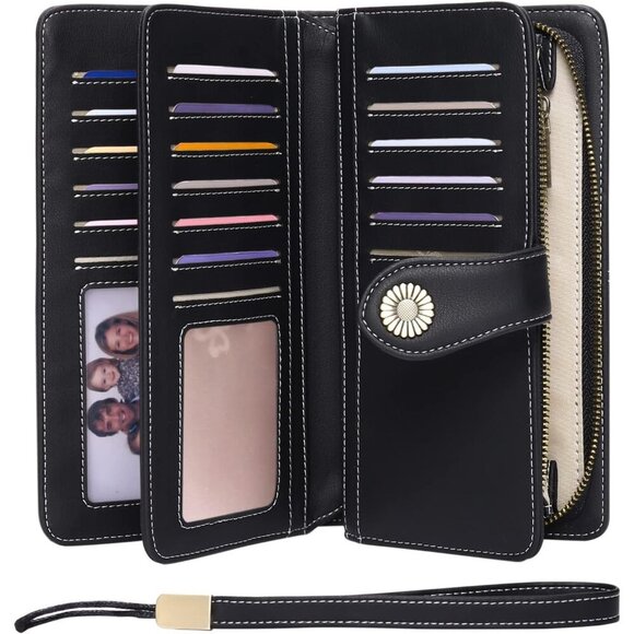 Accessories - Women Leather Wallet Large Capacity Bifold RFID Blocking Card Holder with Zipper